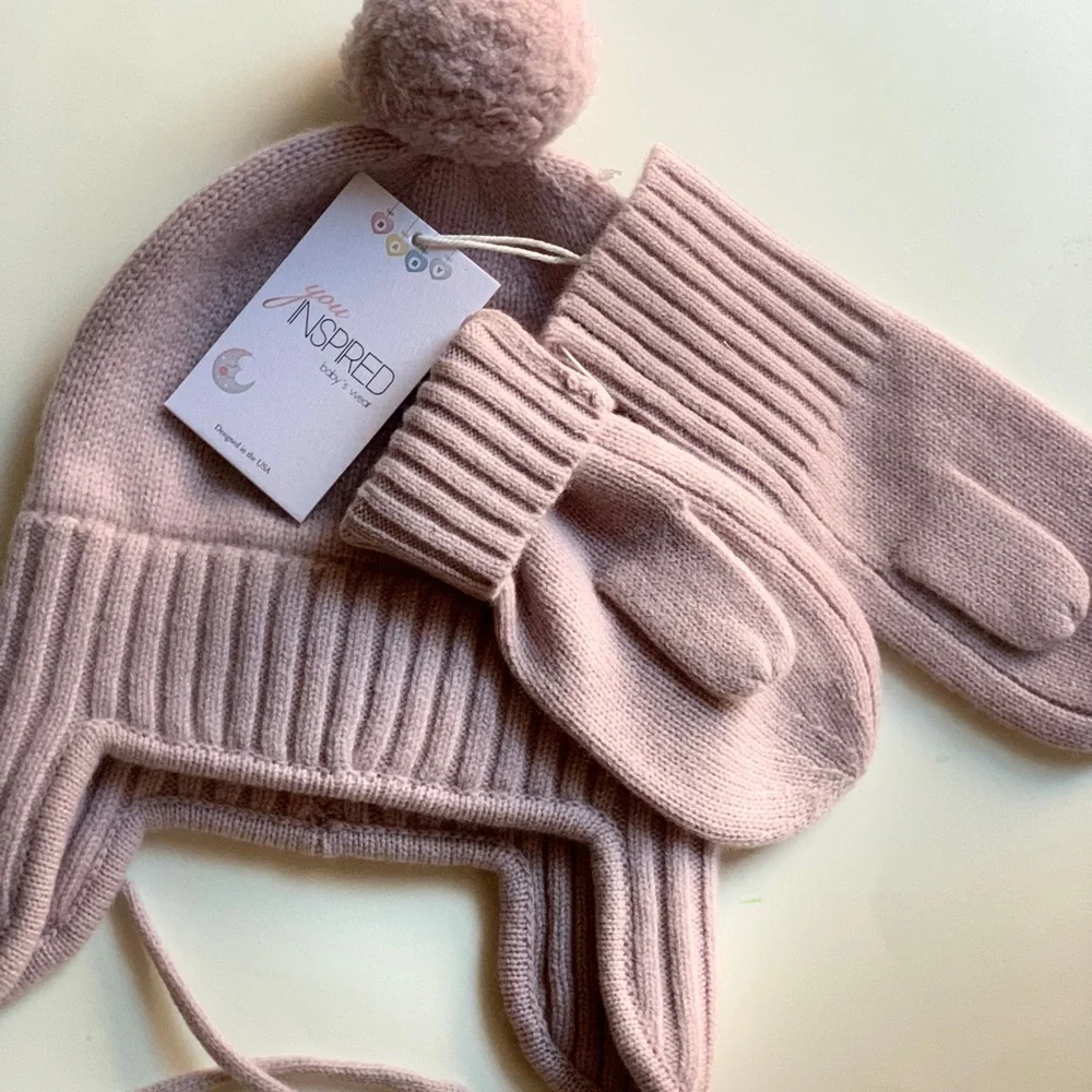Warm knit set hats and mittens for baby toddler girls. pure merino organic wool